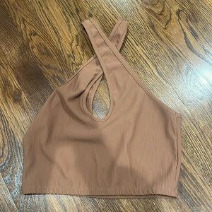 Edikted: brown cropped cross over tank top. never worn. size: medium. Polyester